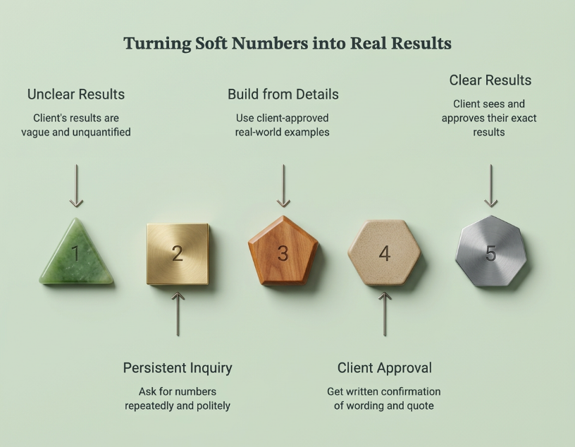 A five-step diagram: unclear results, persistent inquiry, build from details, client approval, clear results