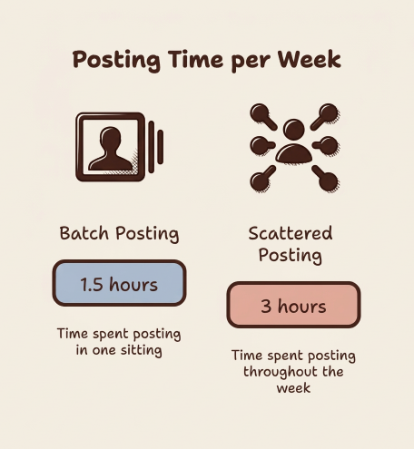 Infographic titled Posting Time per Week comparing batch posting at 1.5 hours in one sitting with scattered posting at 3 hours spread across the week